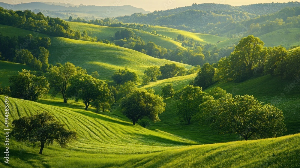 Rolling Green Hills with Scattered Trees at Sunset Rolling Green Hills with Scattered Trees at Sunset