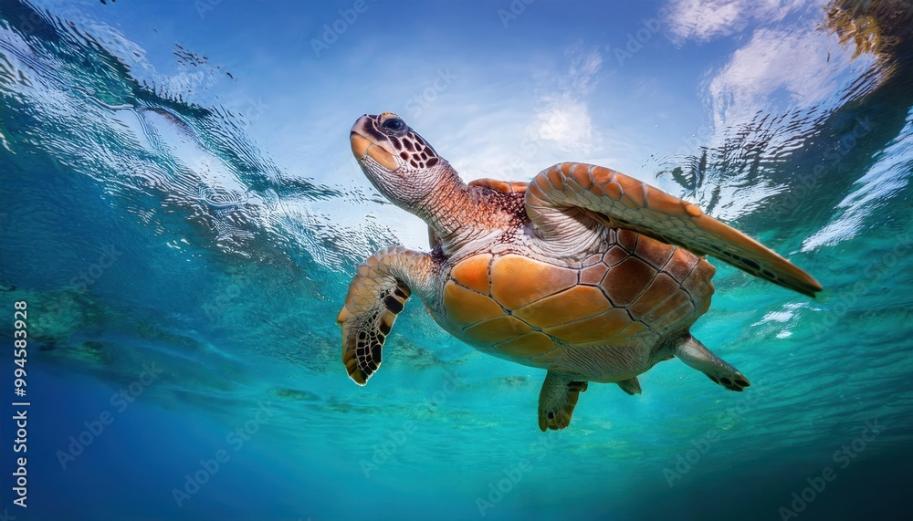 Obraz premium a turtle swims in the clean clear water. beautiful underwater world.