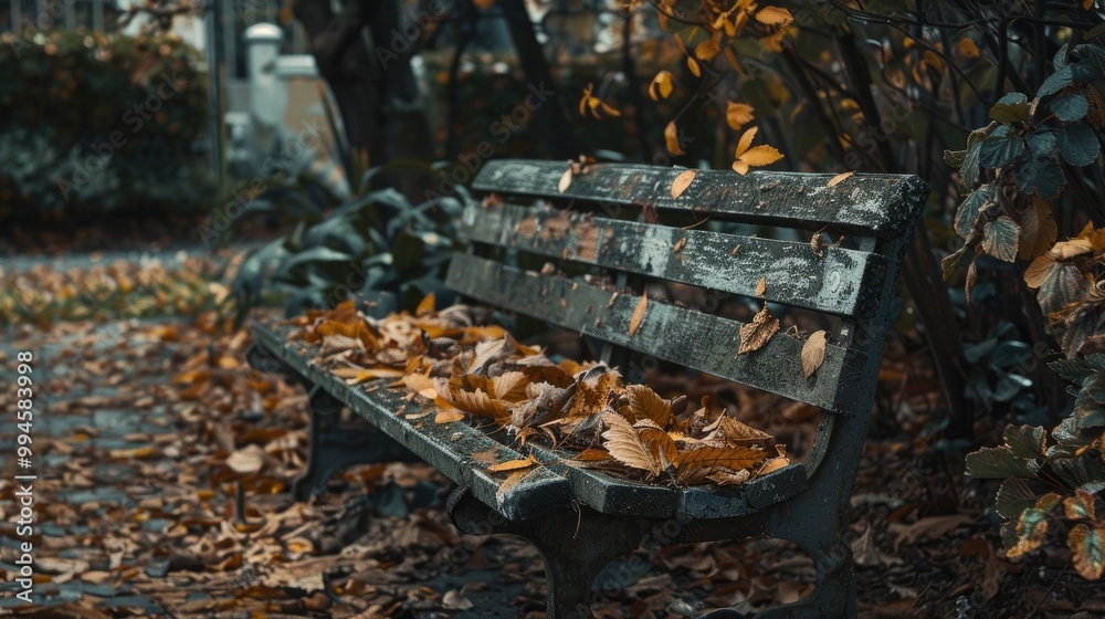Tranquil autumn garden with a weathered bench and fallen leaves.