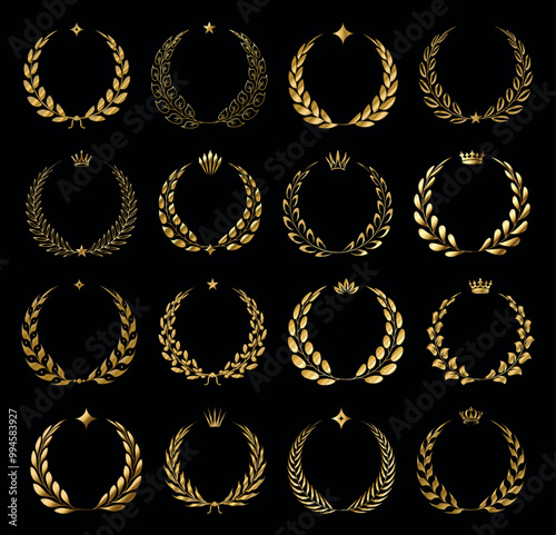 Golden sale frame badge and label with crowns and stars set on black background. Gold laurel wreaths. Awards logotype with stars Isolated elegant abstract gold emblem. Luxurious congratulating frames