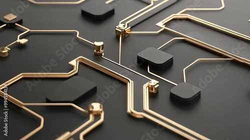 Circuit board close-up with intricate gold lines and black components on dark background.