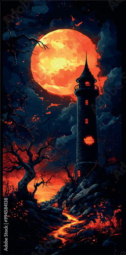 halloween illustration, haunted house in the forest, vector, scary night