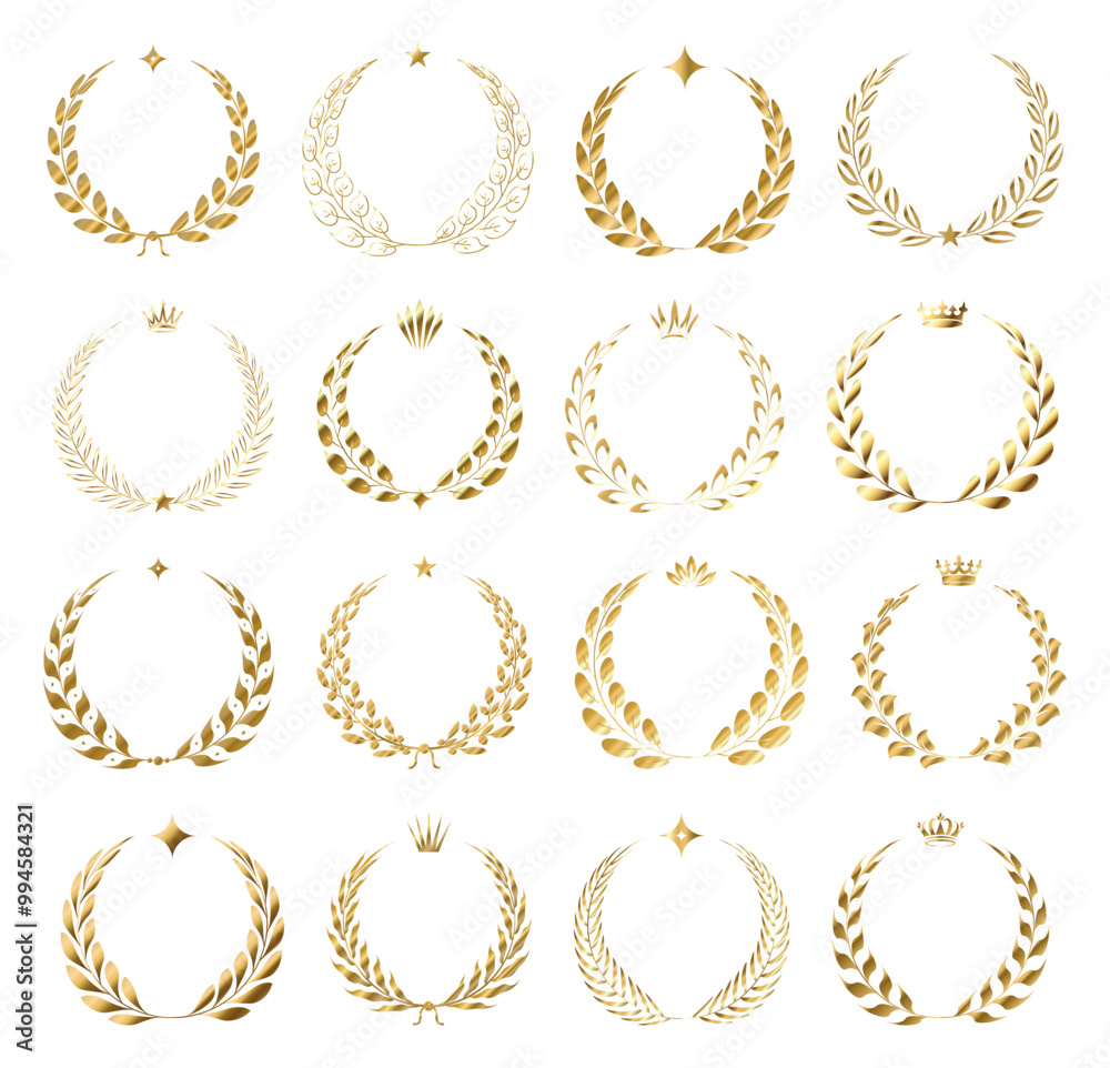 Set hand drawn gold floral wreaths and laurels with crown and stars on transparent background. Vintage golden vector elements for wedding, holiday and greeting cards, web, print scrapbooking design Set hand drawn gold floral wreaths and laurels with crown and stars on transparent background. Vintage golden vector elements for wedding, holiday and greeting cards, web, print scrapbooking design