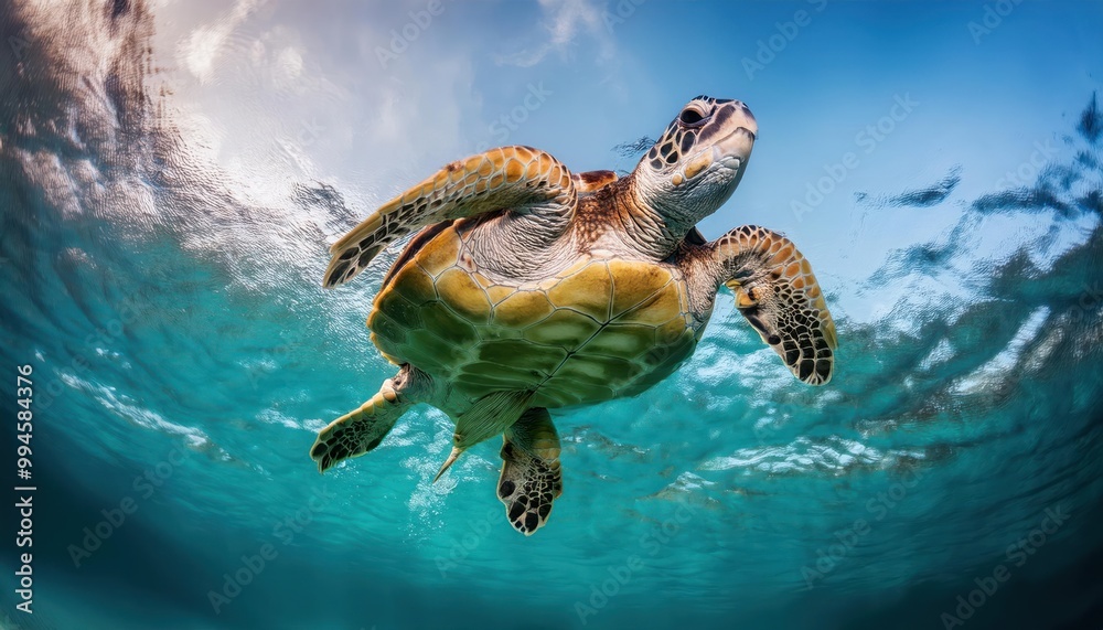 Obraz premium a turtle swims in the clean clear water. beautiful underwater world.