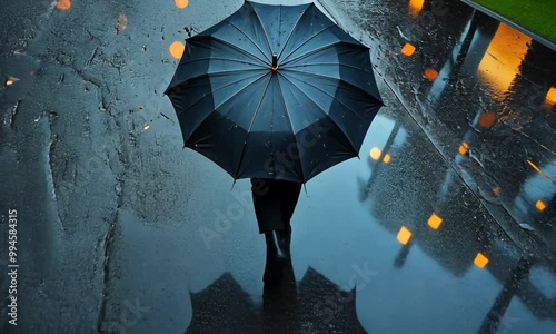 A solitary figure under a black umbrella on a rainy street.