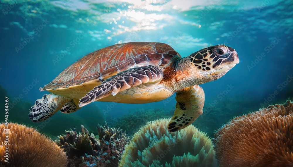 Obraz premium a turtle swims in the clean clear water. beautiful underwater world.