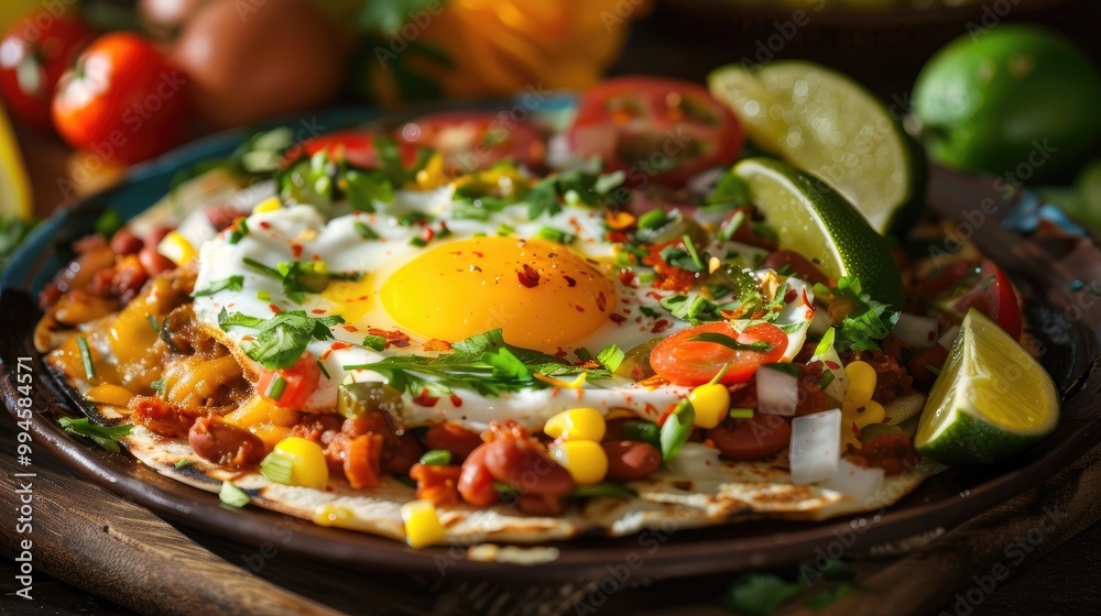 Vibrant plate of huevos rancheros with refried beans. Vibrant plate of huevos rancheros with refried beans.