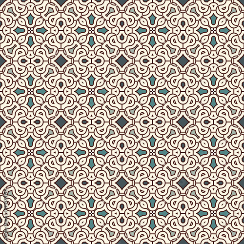 Kaleidoscope ornament. Stylized stained glass mosaic background. Ethnic and tribal wallpaper. Repeated abstract geometric figures. Ornamental seamless surface pattern. Digital paper, textile print