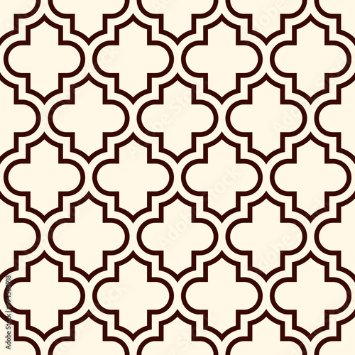 Seamless surface design with ogee ornament. Oriental traditional pattern with repeated mosaic tile. Tracery window wallpaper. Moroccan crosses motif. Arabesque digital paper, textile print. Vector art