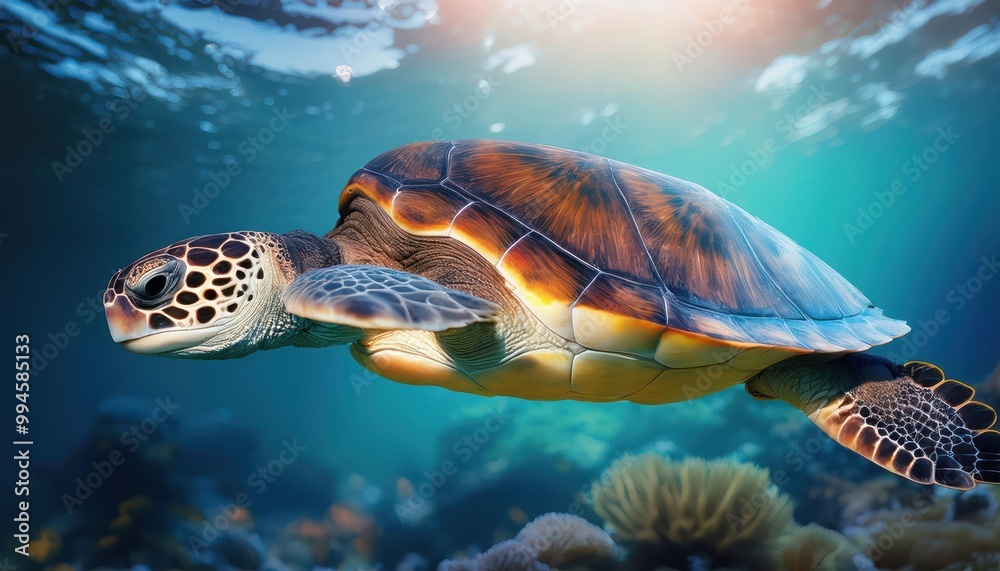 Obraz premium a turtle swims in the clean clear water. beautiful underwater world.