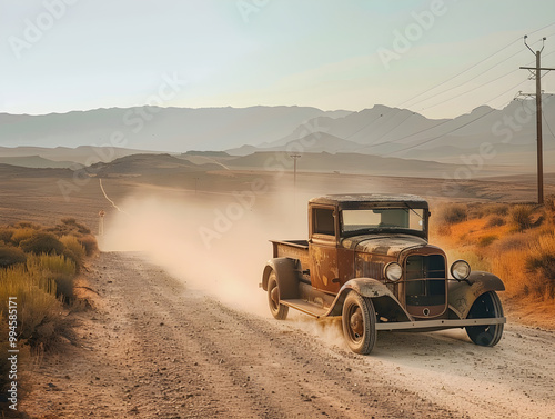 Classic red pickup truck driving down dusty desert road under clear blue sky on horizon. photo