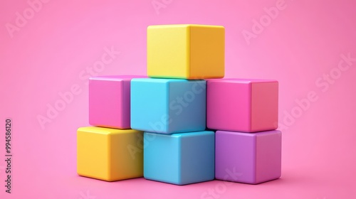 Colorful 3D Render of Brick Block Puzzle Icon in Yellow, Sky Blue, Pink, and Purple