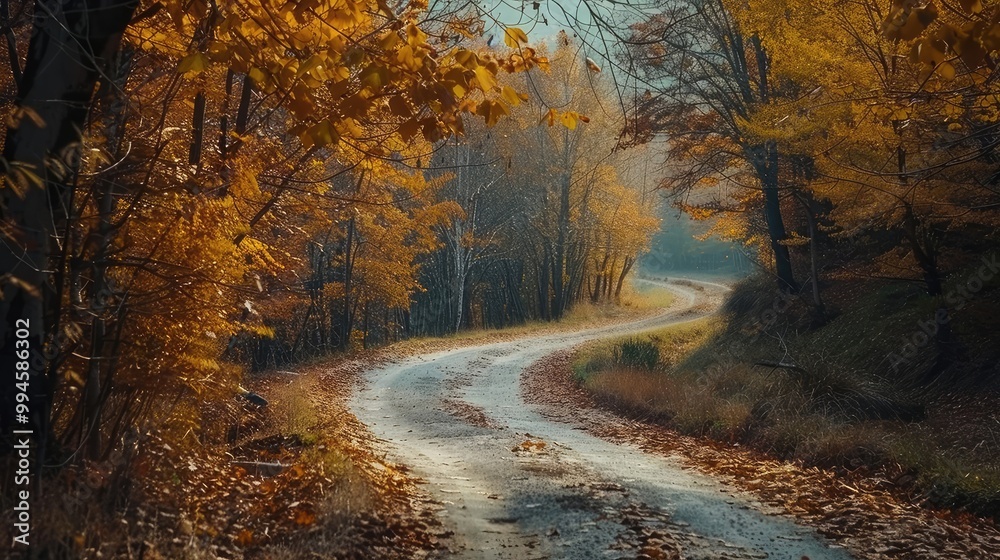 Obraz premium Winding country road through a tunnel of autumn trees.
