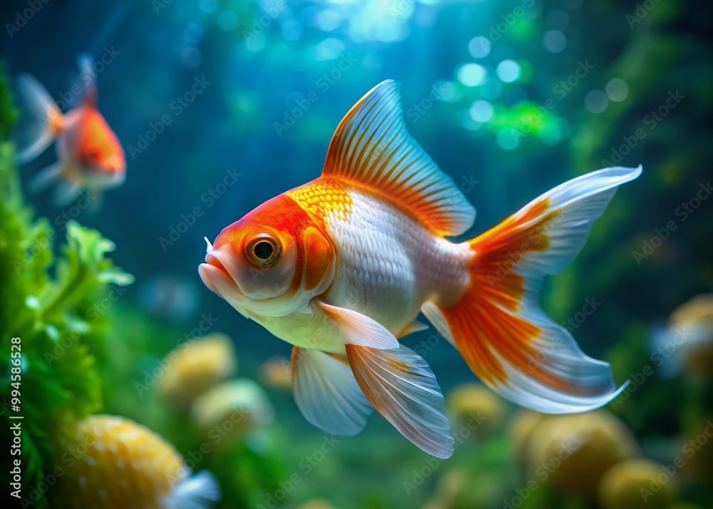 Vibrant Orange and White Goldfish Swimming Gracefully in Clear Aquatic Environment Underwater Scene Vibrant Orange and White Goldfish Swimming Gracefully in Clear Aquatic Environment Underwater Scene