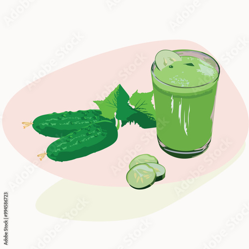 Fresh cucumbers and a glass of cucumber juice.eps