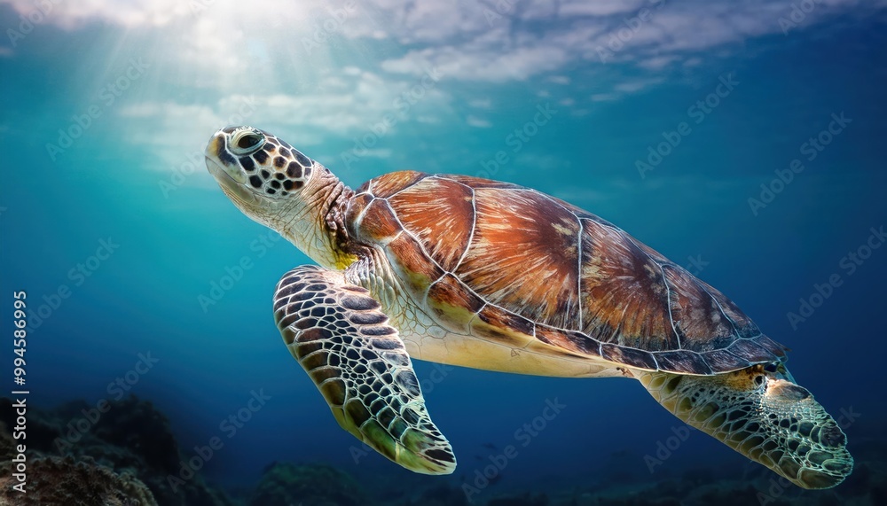 Fototapeta premium a turtle swims in the clean clear water. beautiful underwater world.