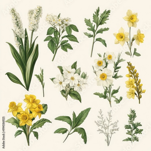 Set of Spring Botanicals Featuring Pussywillow, Herbs, and Daffodils