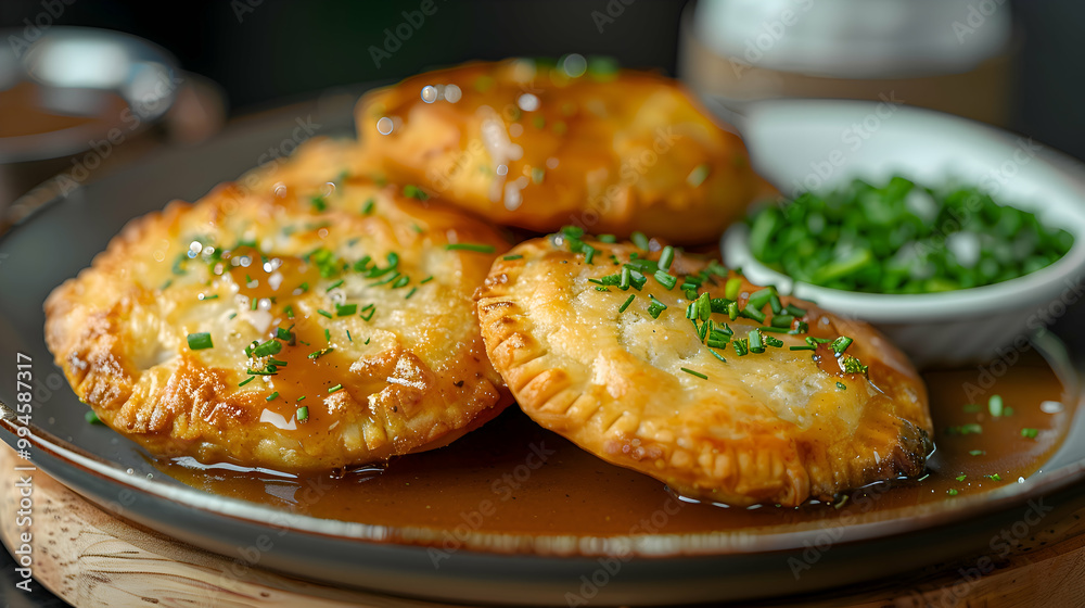 A plate of golden, crispy meat pies with a side of gravy, captured using an ultra HD camera with a ring light for even illumination A plate of golden, crispy meat pies with a side of gravy, captured using an ultra HD camera with a ring light for even illumination