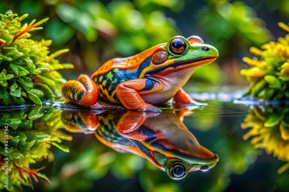 Vibrant Pack Man Frog in Natural Habitat with Lush Greenery and Water Reflection Background Vibrant Pack Man Frog in Natural Habitat with Lush Greenery and Water Reflection Background