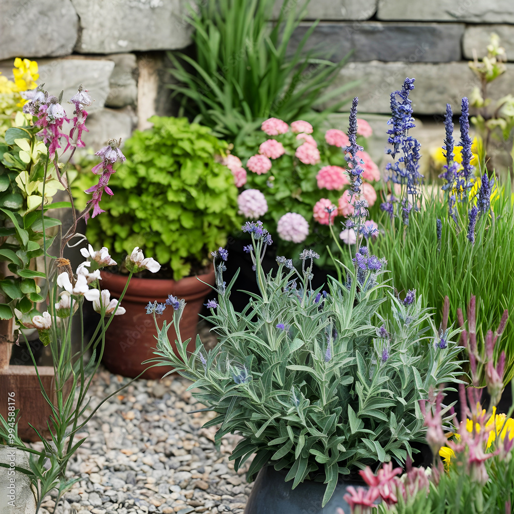 Herbs in pots in a little garden stonewall background during daylight with basil thyme lavender and more botanical herbs Herbs in pots in a little garden stonewall background during daylight with basil thyme lavender and more botanical herbs