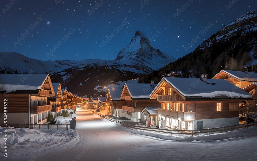 Snowy village with a majestic mountain under starry night sky. Snowy village with a majestic mountain under starry night sky.