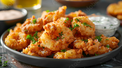 A plate of golden fried clam strips with a side of tartar sauce, captured using an ultra HD camera with a ring light for even illumination