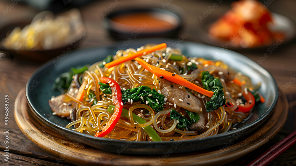 A plate of japchae with stir-fried glass noodles and vegetables, captured using an ultra HD camera with a ring light for even illumination A plate of japchae with stir-fried glass noodles and vegetables, captured using an ultra HD camera with a ring light for even illumination