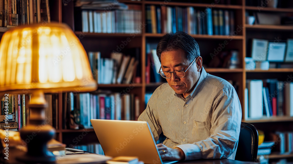 Senior Asian man working on a laptop in a cozy home corner with bookshelves and a warm lamp, bright and inviting atmosphere, work-from-home and remote workspace concept