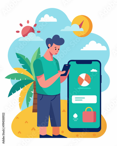 A person using a microsaving app to save for a specific goal like a vacation or new gadget.. Vector illustration