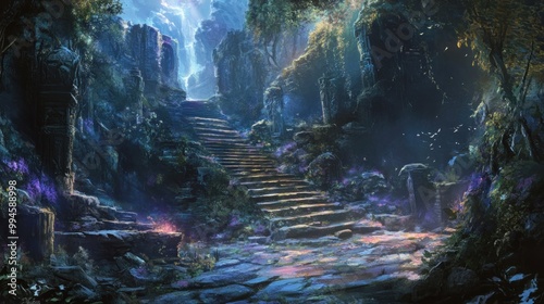 Mystical Stone Steps Leading Upwards Through a Lush Forest