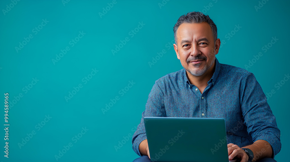 Middle-aged Latino man in casual attire working on a laptop, vibrant teal background, inclusive remote work and digital communication concept