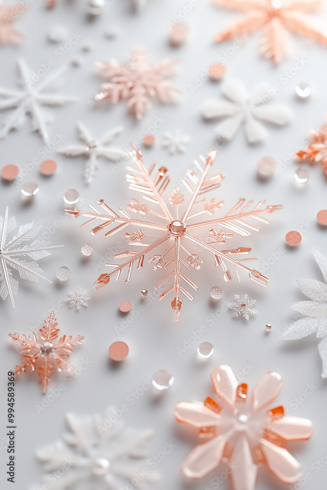 Elegant rose gold snowflakes on a soft white background. Festive winter holiday decoration. Elegant rose gold snowflakes on a soft white background. Festive winter holiday decoration.