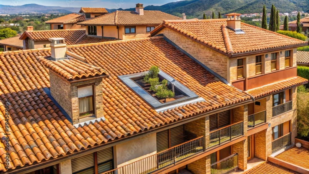 Residential building with a skylight surrounded by plants on a roof made of terracotta tiles, with a mountain landscape in the background Residential building with a skylight surrounded by plants on a roof made of terracotta tiles, with a mountain landscape in the background