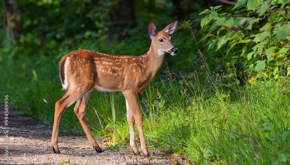 White tailed deer fawn with hind on natural White tailed deer fawn with hind on natural