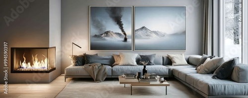 Modern Scandinavian living room with an L-shaped couch, a bio-ethanol fireplace, and large art prints in monochromatic tones photo