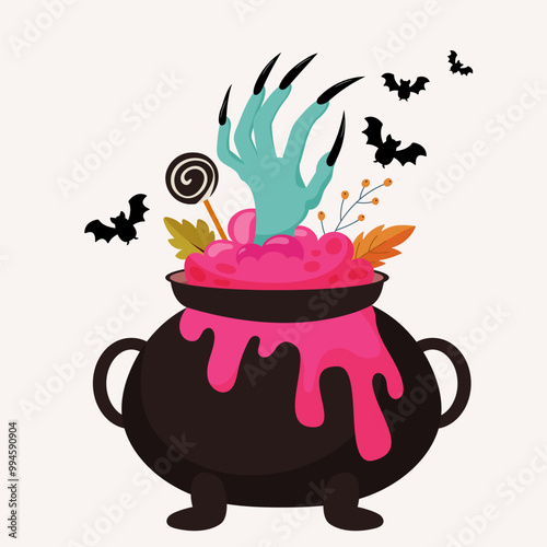 Halloween vector illustration of poisonous brew in cauldron with witches green hand and spices, autumn leaves and bat. 