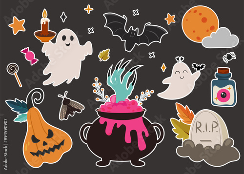 Set of Halloween elements in cartoon style pumpkin, spook, cauldron, grave, bat. Autumn collection for greetings cards, invitations