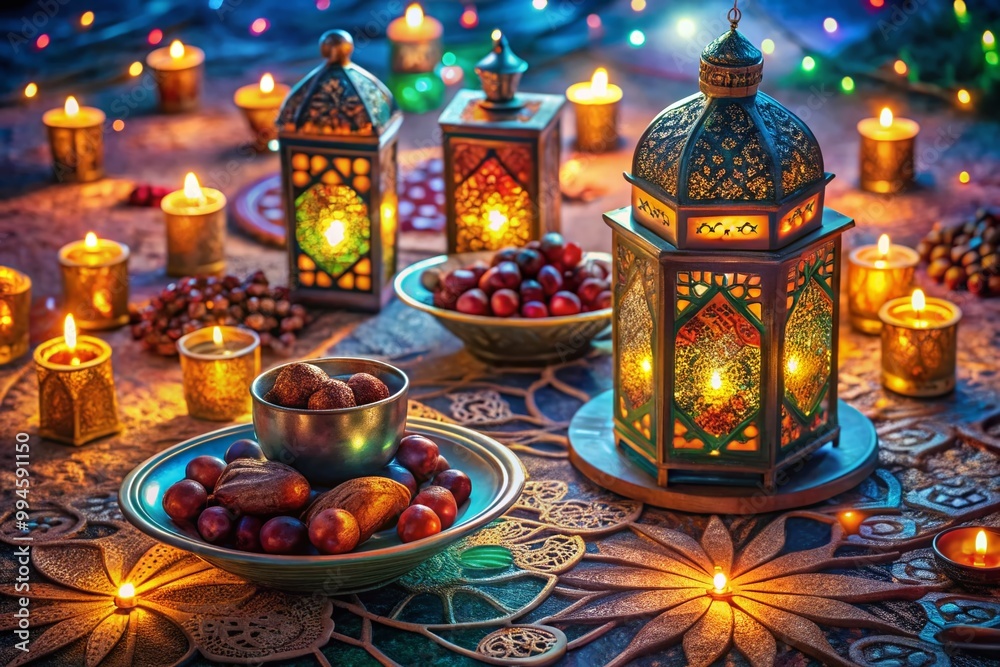 Vibrant Ramadan 2024 Celebration with Lanterns, Dates, and Islamic Patterns on a Festive Background Vibrant Ramadan 2024 Celebration with Lanterns, Dates, and Islamic Patterns on a Festive Background
