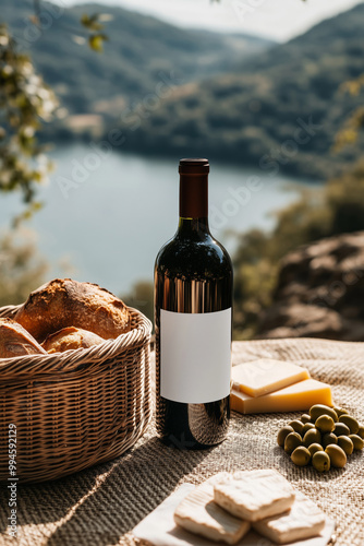 Bottle of wine with an blank mock-up label, freshly baked bread, olives and cheese. photo