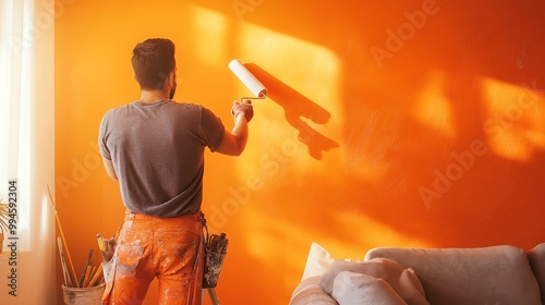 Fototapeta Naklejka Na Ścianę i Meble -  a painter with a roller painting an orange wall inside a living room