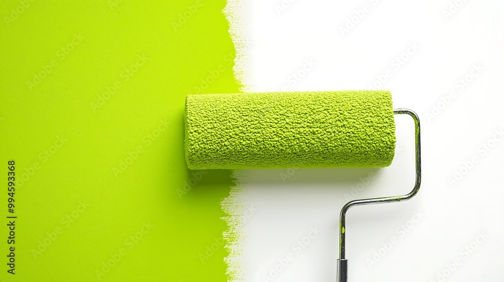 Obraz premium Roller for painting walls in a warm lime green color with a telescopic long handle, painting the wall in the same green color, on the left side from top to bottom