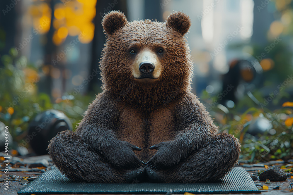 A bear taking a yoga class, stretching on a mat in a studio, demonstrating a fitness routine. Concept of exercise. A bear taking a yoga class, stretching on a mat in a studio, demonstrating a fitness routine. Concept of exercise.