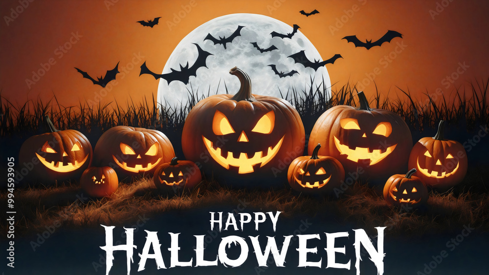 Chilling graveyard scene under a full moon and bats, adorned with pumpkins of various sizes, their faces carved into eerie grins, Happy Halloween white text, on a orange gradient background Chilling graveyard scene under a full moon and bats, adorned with pumpkins of various sizes, their faces carved into eerie grins, Happy Halloween white text, on a orange gradient background