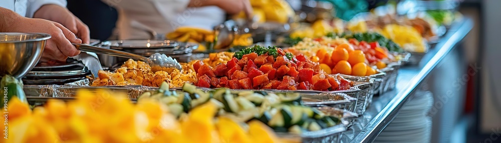 A vibrant buffet filled with colorful fruits and vegetables, showcasing fresh and healthy options for a delightful meal. A vibrant buffet filled with colorful fruits and vegetables, showcasing fresh and healthy options for a delightful meal.