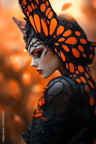 Beautiful monarch hivemind maki-e makeup, shallow depth of field, ethereal lighting, cybergoth ambience photo