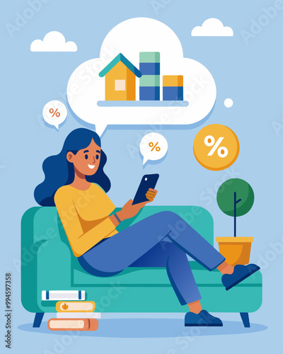 A woman lounges on her couch scrolling through her phone and comparing different options for refinancing her home loan determined to find the best deal with the lowest interest. Vector illustration