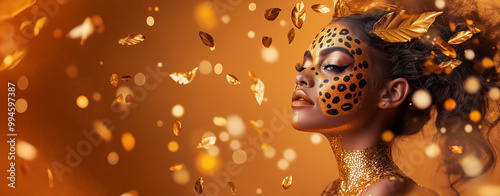 Model with leopard print face mask surrounded by golden autumn leaves, fashion and nature concept.