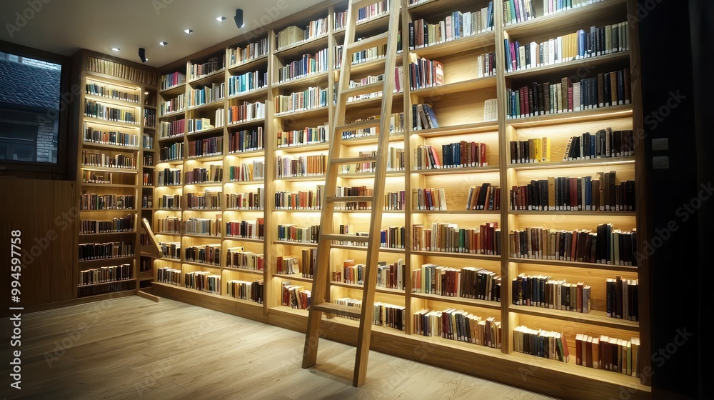 Scandinavian-inspired home library with floor-to-ceiling wooden bookshelves, a sliding ladder, and integrated lighting Scandinavian-inspired home library with floor-to-ceiling wooden bookshelves, a sliding ladder, and integrated lighting