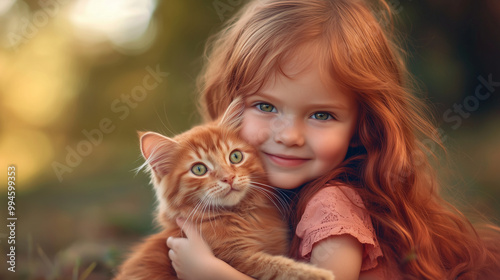 a little girl with green eyes and a red kitten