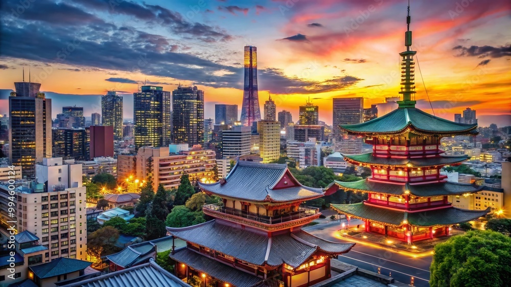 Vibrant Tokyo Cityscape with Skyscrapers, Neon Lights, Traditional Temples and Scenic Parks Vibrant Tokyo Cityscape with Skyscrapers, Neon Lights, Traditional Temples and Scenic Parks